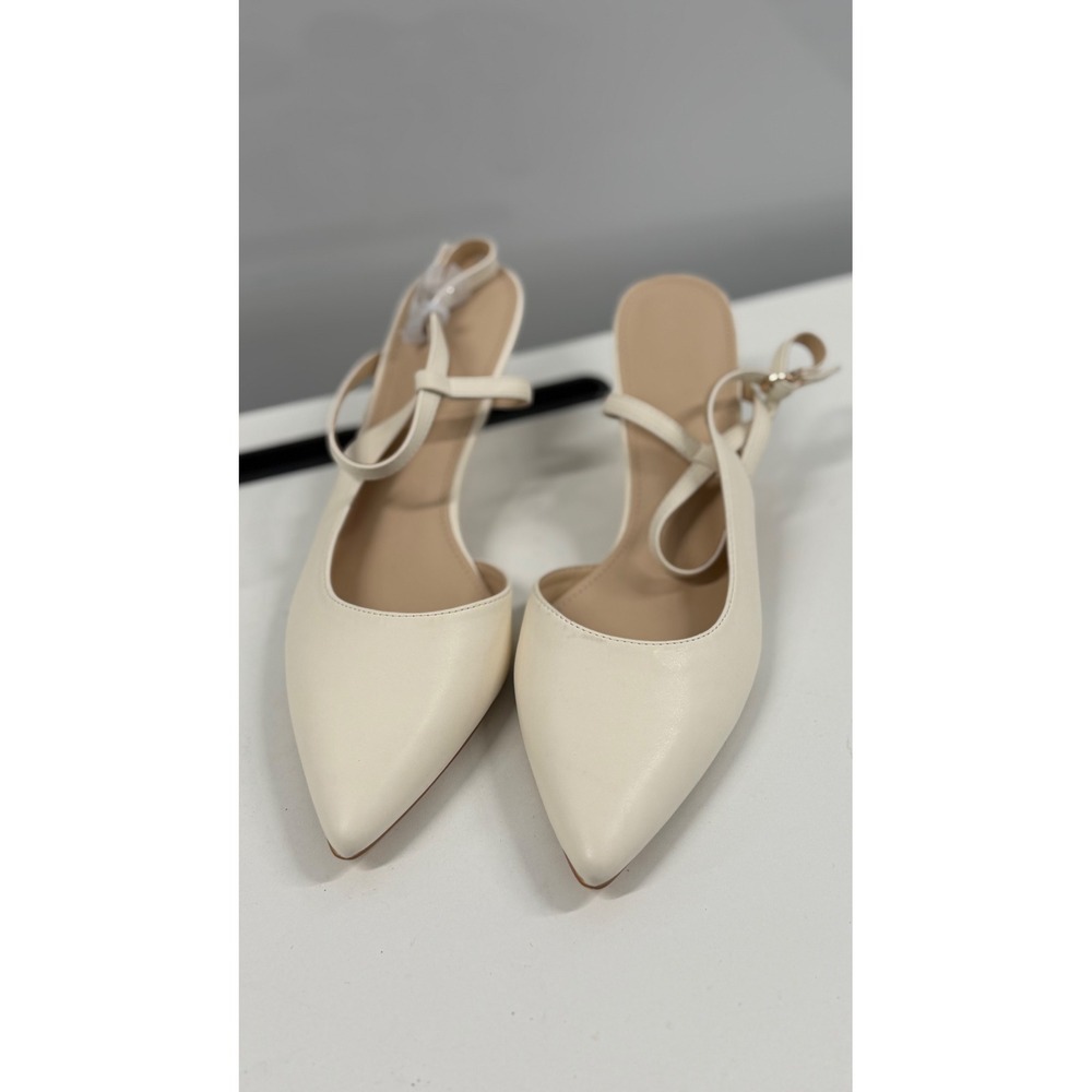 Cream Pointed Toe Slingback Kitten Heels Ivory Ankle Strap Pumps Size 10